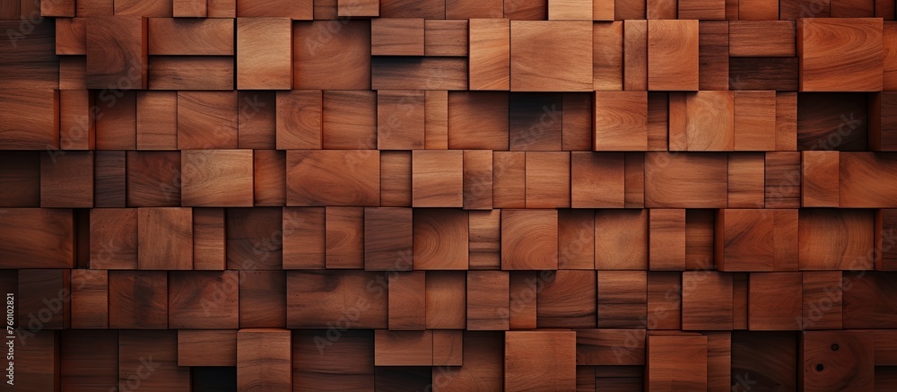 A close up of a brown hardwood wall with rectangular brickwork squares, showcasing the natural beauty of the woods grain and stain A close up of a brown hardwood wall with rectangular brickwork squares, showcasing the natural beauty of the woods grain and stain