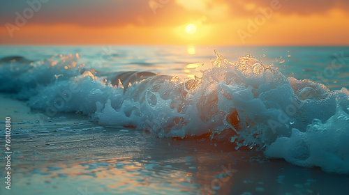 Close up of foamy wave on the background of sunset  © Elena