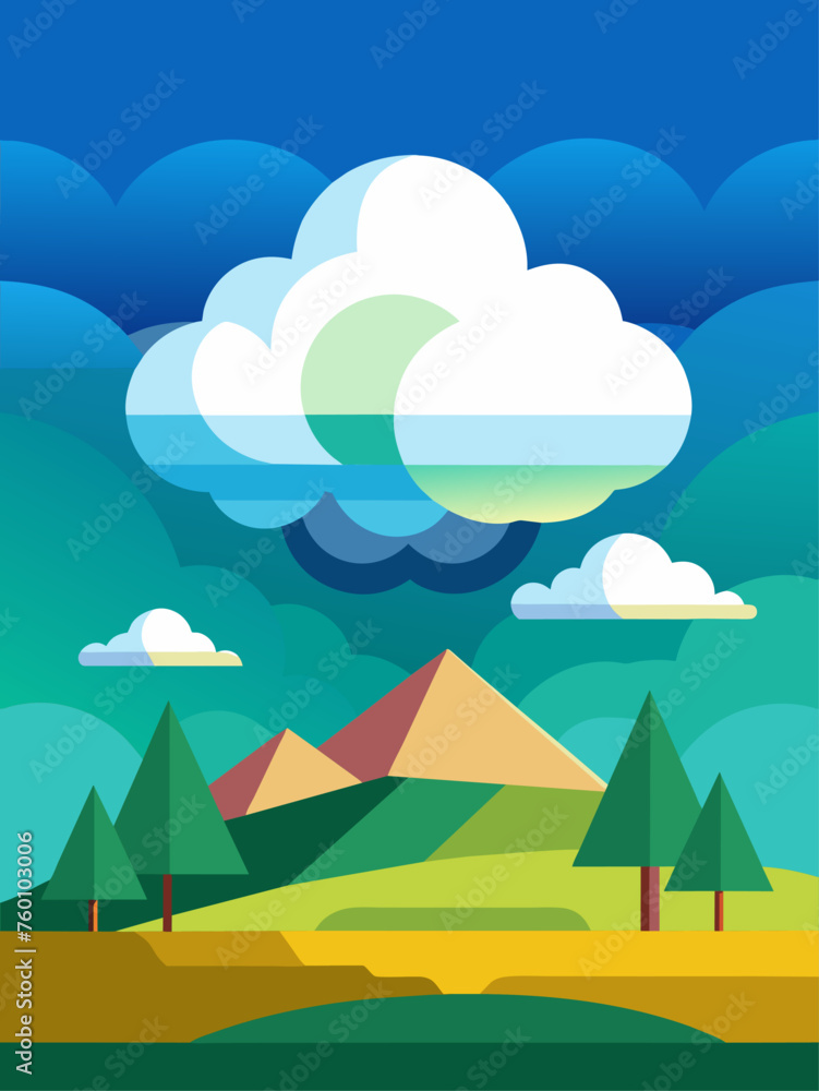 Vector illustration of a sprawling countryside with rolling hills, fluffy clouds, and a vibrant blue sky.