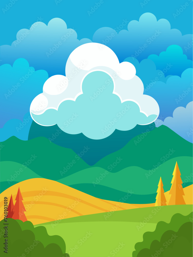 A cloudy vector landscape background with a blue sky and white clouds.