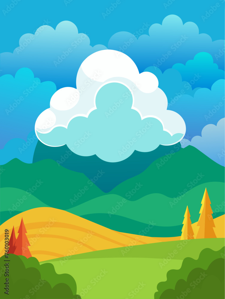 Obraz premium A cloudy vector landscape background with a blue sky and white clouds.