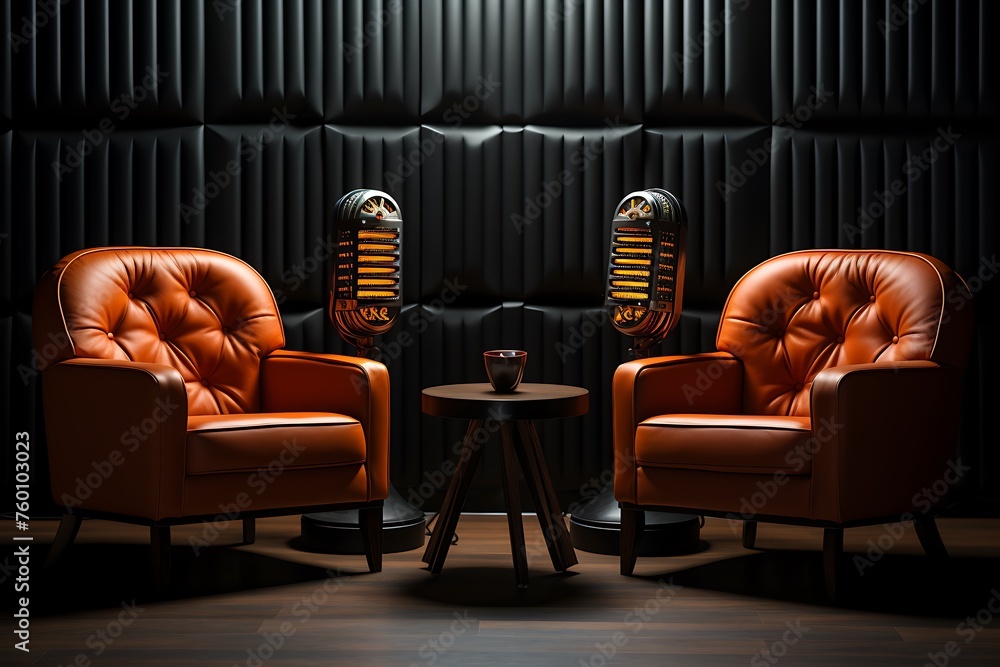3d rendering of two vintage armchairs and a microphone in the dark room - obrazy, fototapety, plakaty 