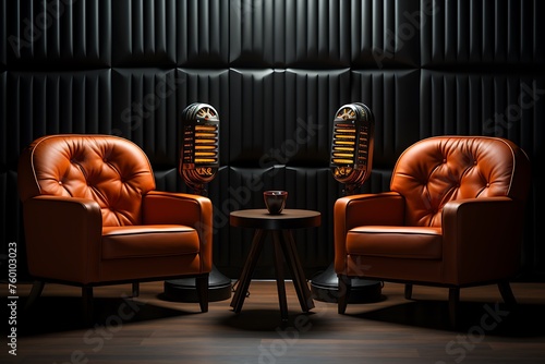 3d rendering of two vintage armchairs and a microphone in the dark room photo
