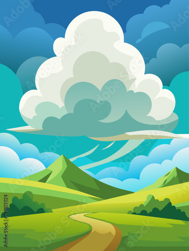A cloudy vector landscape background with a blue sky and white clouds.