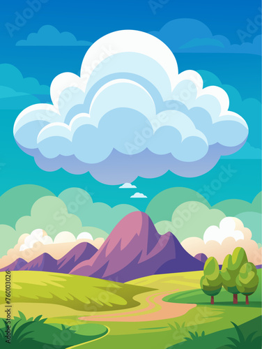 This cloud vector landscape background depicts a serene and picturesque scene with fluffy clouds floating in a clear blue sky  casting gentle shadows on the rolling hills below.