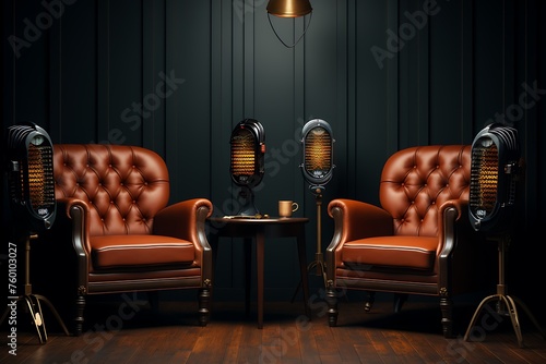Fototapeta Naklejka Na Ścianę i Meble -  3d rendering of two vintage armchairs and a microphone in the dark room