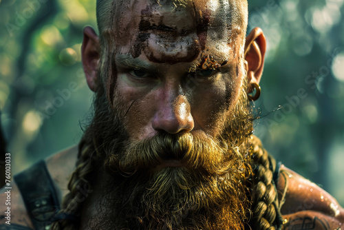 A formidable combatant, beard braided with victory tokens, muscles rippling.