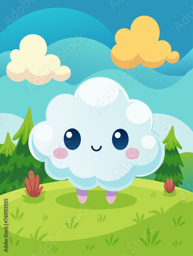 Adorable clouds drift across a soft blue sky in this charming vector landscape.