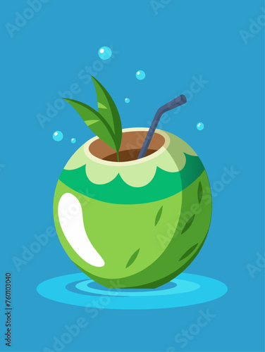 This photo features a young coconut leaning sideways, capturing its fresh, raw appearance with water droplets clinging to its surface.