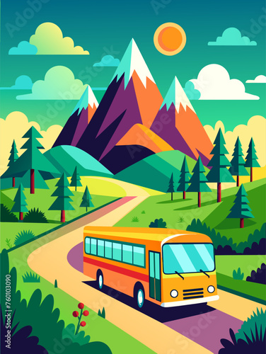 Vector art showcasing a serene landscape with a multitude of buses.