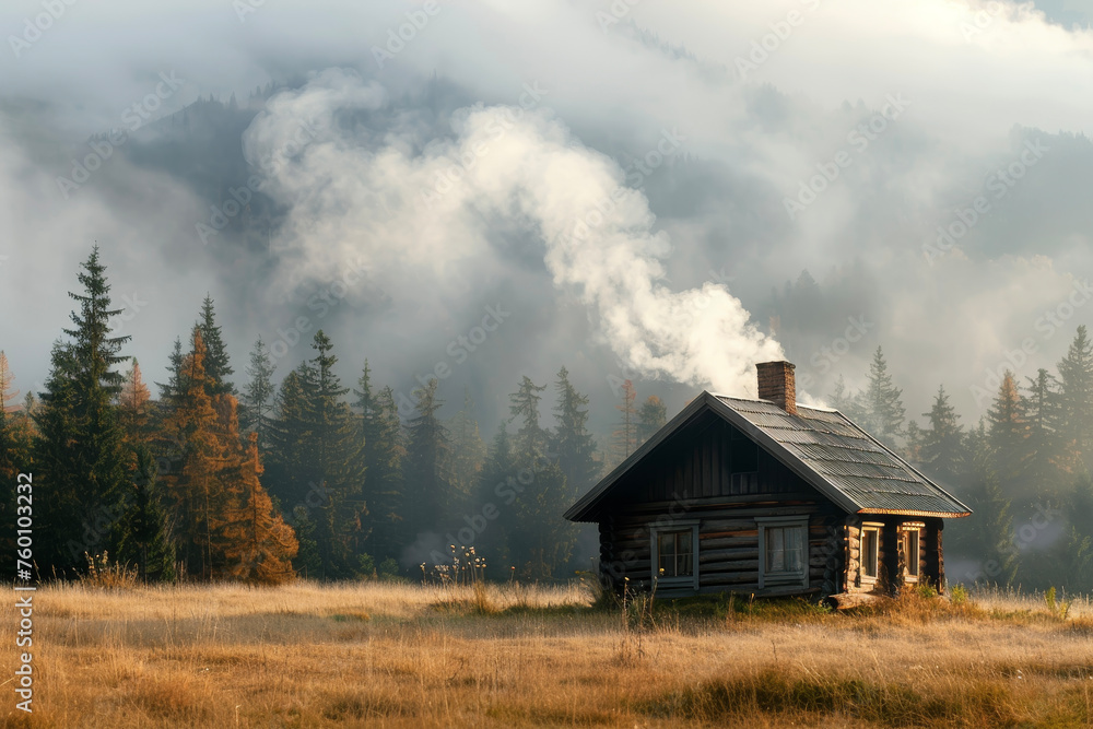 A cozy cottage nestled in a meadow, smoke rising from its chimney - obrazy, fototapety, plakaty 