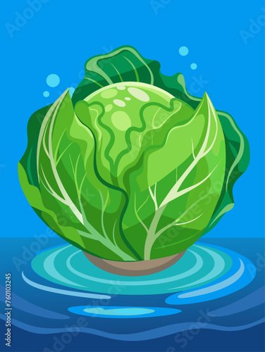 A whole organic green cabbage lies submerged in water.