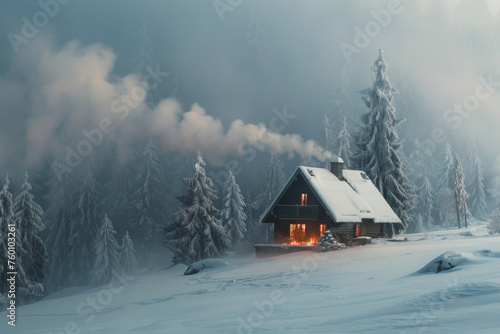 A cozy cabin nestled among snow-covered pine trees, smoke rising from the chimney