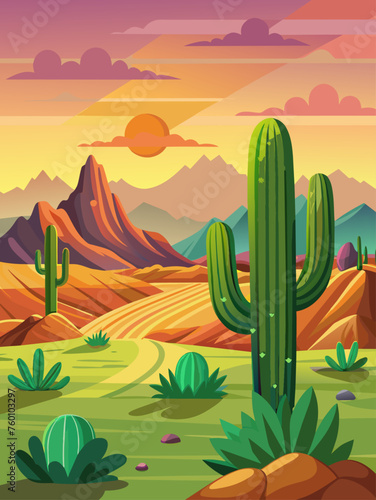 Serene desert landscape featuring towering cacti against a vibrant sunset sky.