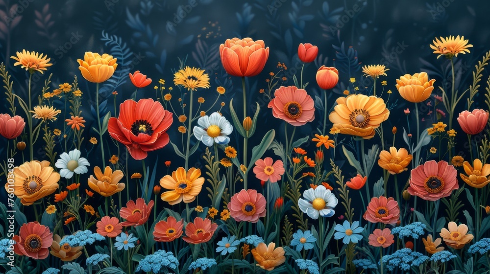  Various Blooming Flowers Including Tulips and Daisies - A Colorful Collection of Botanical Artistry  - obrazy, fototapety, plakaty 