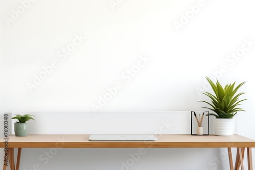 Modern workspace with blank white wall, computer and decoration. 3D Rendering