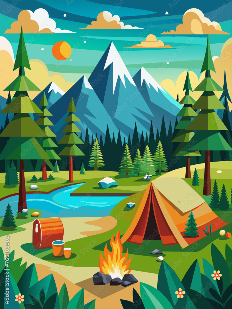 This vector landscape background features a serene camp scene with a tent, campfire, and majestic mountains in the distance.
