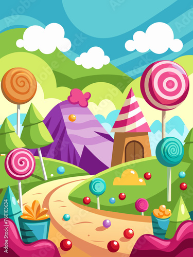 Candy vector landscape background features a vibrant and whimsical world filled with colorful candies  lollipops  and other sugary treats.