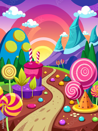 Candy vector landscape background featuring brightly colored candies, lollipops, and other sweets in a whimsical setting.
