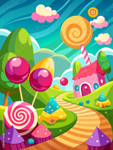 Candy-filled landscape with cotton candy clouds and chocolate-dipped trees.