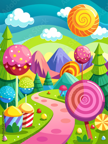 Candy vector landscape background features a vibrant and whimsical world filled with colorful candies, lollipops, and other sugary treats.