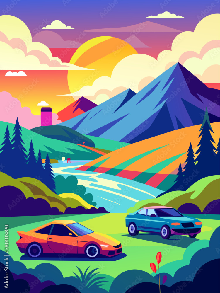 A landscape vector background featuring a road with cars driving along it.
