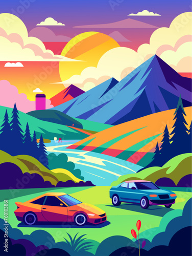 A landscape vector background featuring a road with cars driving along it.