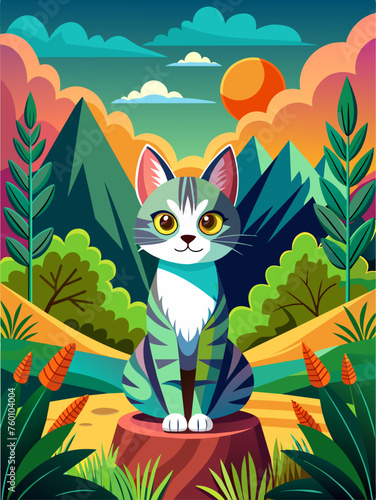A majestic cat lounges serenely amidst a picturesque landscape.
