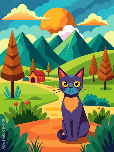 A majestic cat lounges serenely amidst a picturesque landscape.