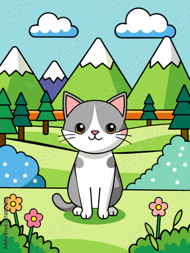 Playful cats frolic amidst a picturesque landscape background.