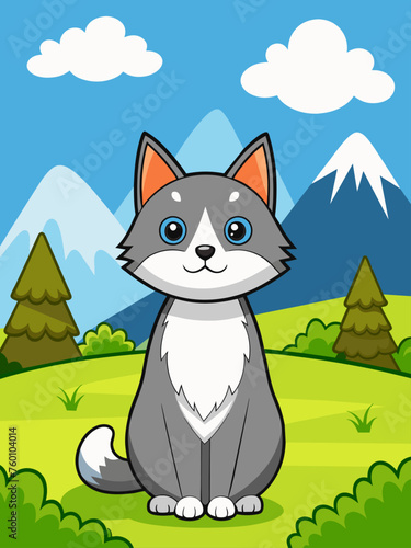 A group of cats frolic in a green meadow with flowers and butterflies fluttering around them.