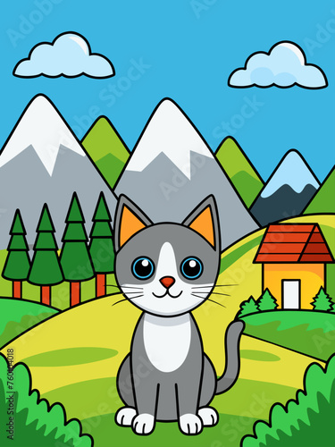 Playful cats frolic amidst a picturesque landscape background.