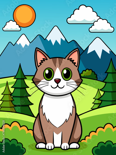 A group of cats frolic in a green meadow with flowers and butterflies fluttering around them.