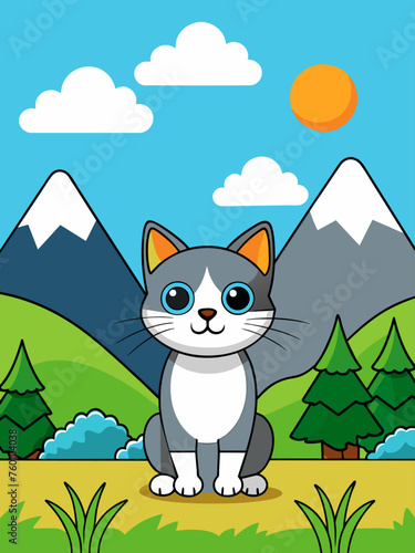 Playful cats frolic amidst a picturesque landscape background.