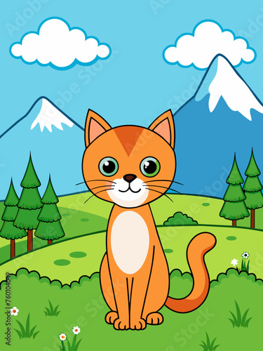 A playful cat frolics in a lush landscape, its silhouette against a vibrant sunset sky.