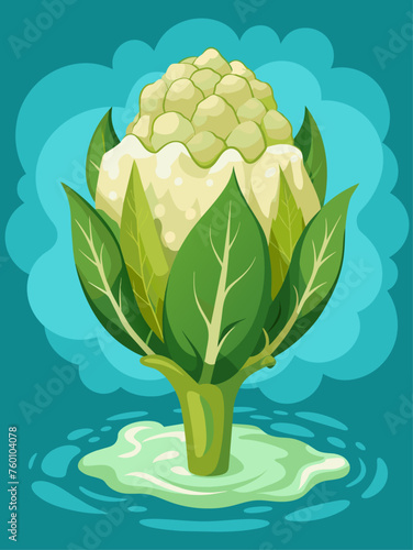 A cauliflower sits on a watery surface that reflects its pale, bumpy texture.