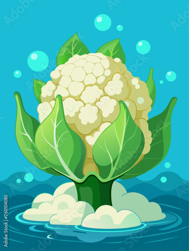 A cauliflower sits on a watery surface that reflects its pale, bumpy texture.
