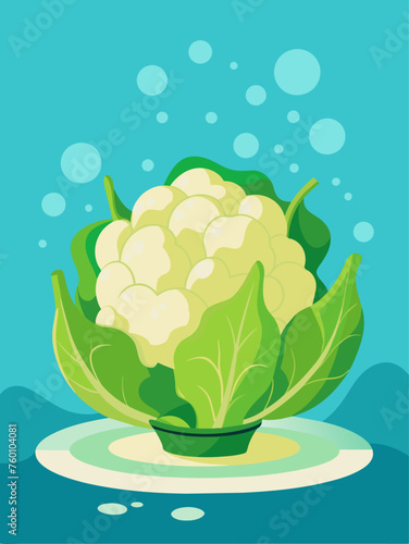 A cauliflower sits on a watery surface that reflects its pale, bumpy texture.