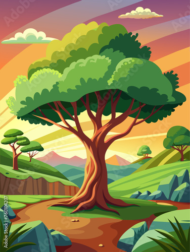 Cemara vector landscape background with a serene mountain vista and vibrant green trees. photo