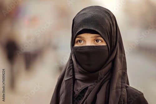Young muslim woman wearing niqab in the streets of the city
