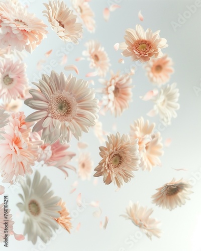 Delicate pale pink and white Gerbera flowers in motion. Flying around on a white background. Minimal flower concept.