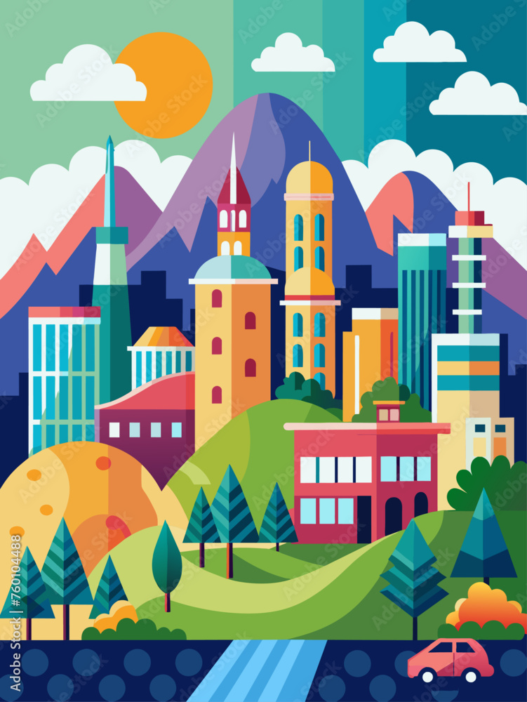 Cityscapes vector landscape background depicts a modern cityscape with towering buildings, bustling streets, and vibrant colors.