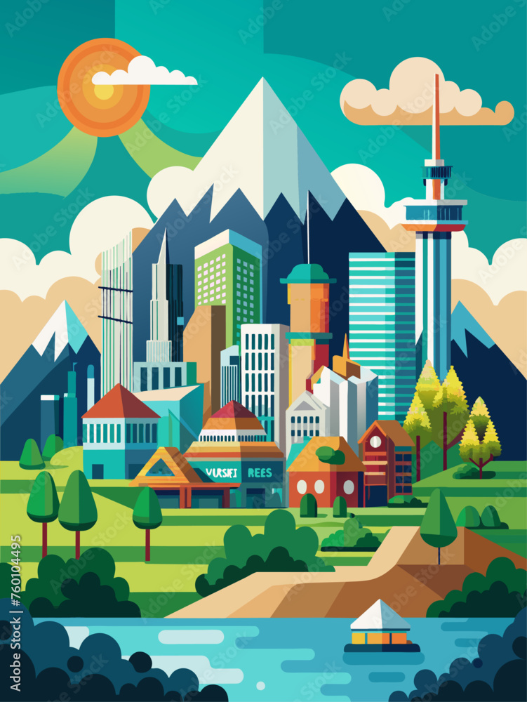 Fototapeta premium Cityscapes vector landscape background depicts an urban skyline with tall buildings and a vibrant atmosphere.