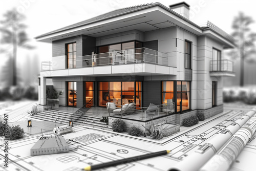 Construction blueprints or construction drawings and miniature models of completed construction for private residences. The owner and the contractor enter into a contract. architecture concept.