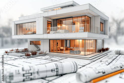 Fototapeta Naklejka Na Ścianę i Meble -  Construction blueprints or construction drawings and miniature models of completed construction for private residences. The owner and the contractor enter into a contract. architecture concept.