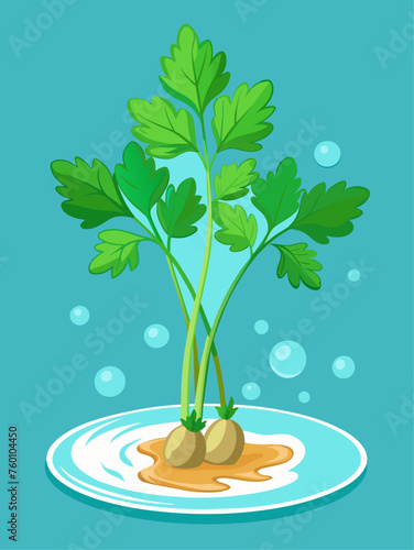Cilantro leaves float serenely in a clear pool of water against a vibrant green backdrop.