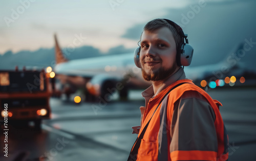 Service personnel in orange waistcoat and headphones at the airfield in the background of the aircraft