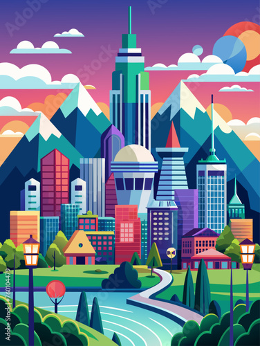 Cityscapes vector landscape background depicting a bustling urban environment with skyscrapers, roads, and greenery.