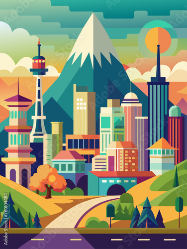 Cityscapes vector landscape background depicting a bustling urban environment with skyscrapers, roads, and greenery.