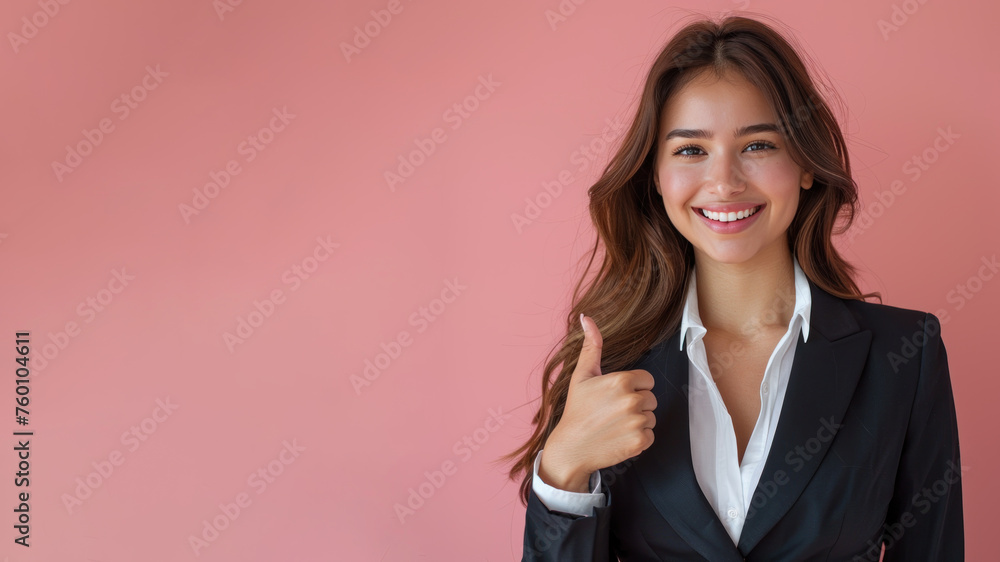 Hispanic businesswoman thumb up smile for success achievement performance Hispanic businesswoman thumb up smile for success achievement performance